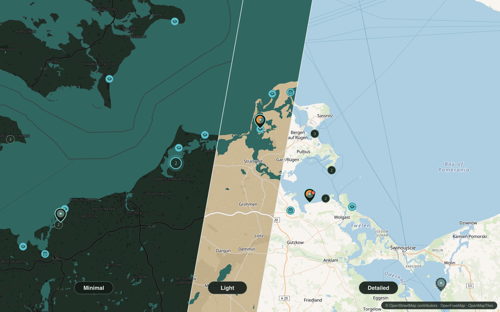 One map split into three slanted strips: the dark Minimal map, the sand-coloured Light map and the Detailed OpenStreetMap chart, with a spot pin on each.