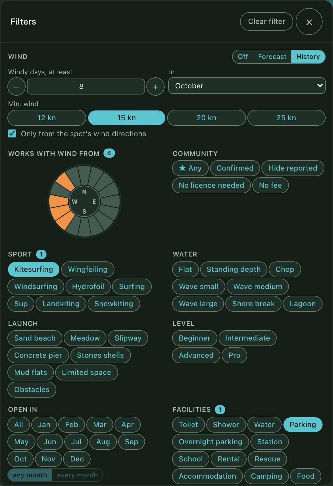 The full filter panel with groups for wind, sport, water, launch, level, months and facilities.