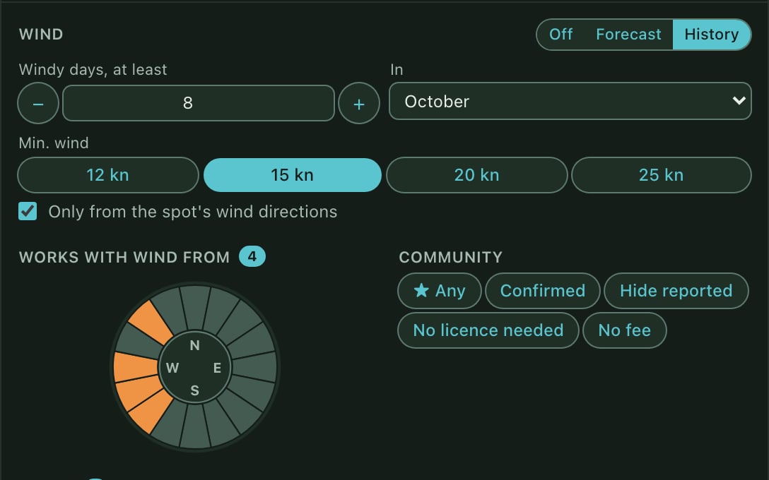 The wind filter on History, set to at least 8 days at 15 knots in October, beside a wind rose with the westerly sectors selected.