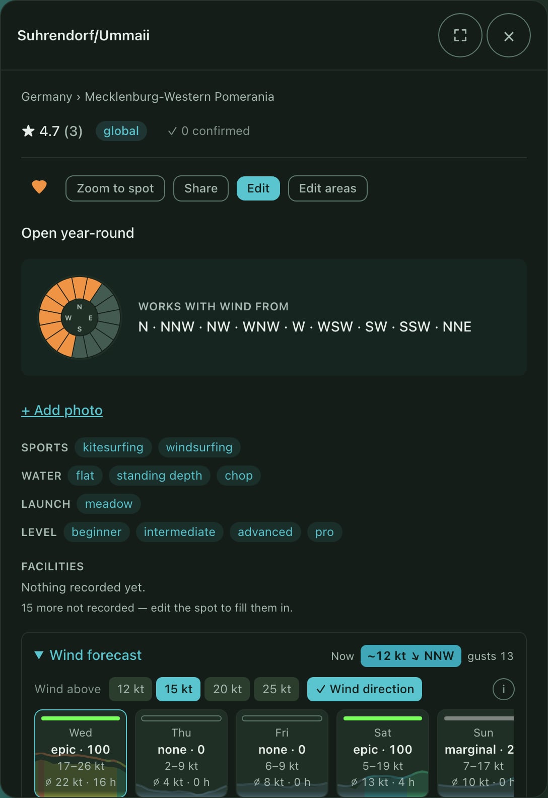 The detail panel of Suhrendorf/Ummaii with its rating, wind directions, sports, water types and the top of its wind forecast.